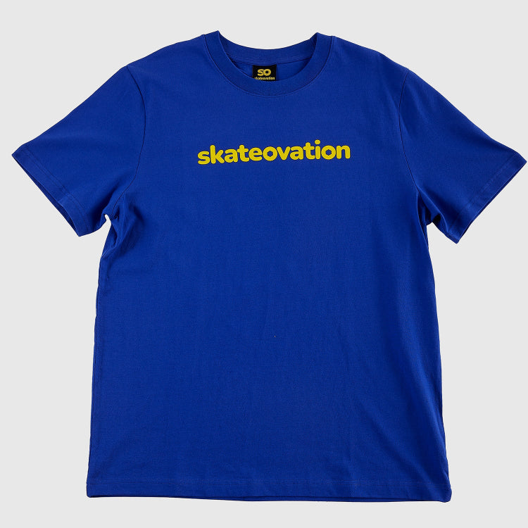 Skateovation t-shirt Core in the color worker blue with skateovation texted in yellow on the chest.