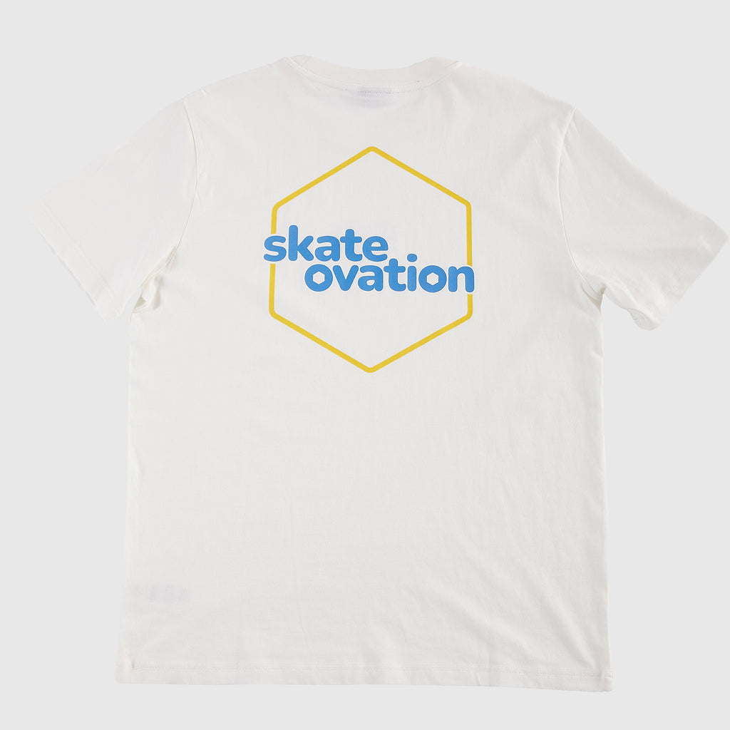 Skateovation T-shirt SO Honeycomb Off white with the yellow honeycomb pattern on the back, where the yellow lines form the pattern, revealing the white fabric underneath. In the center skateovation is written in blue.