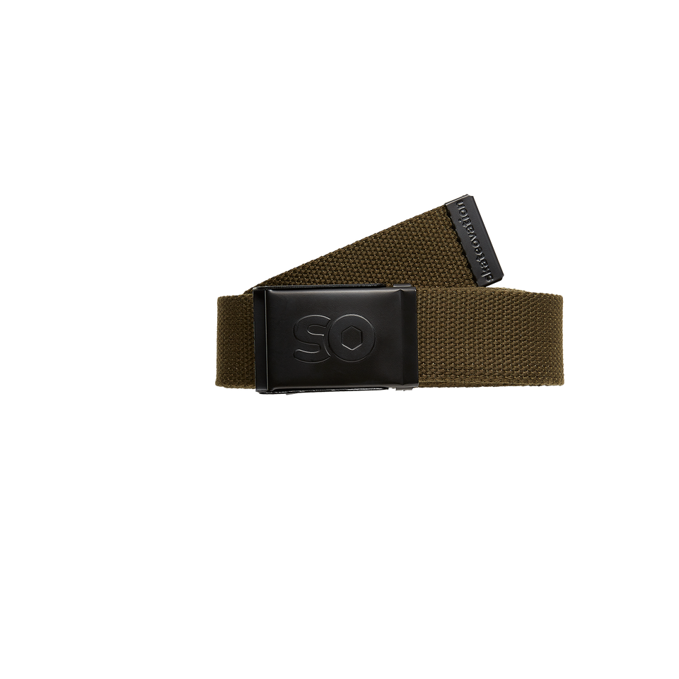 An olive green webbing belt with a black metal alloy buckle that features a bottle opener function, and the Skateovation logo on the buckle.