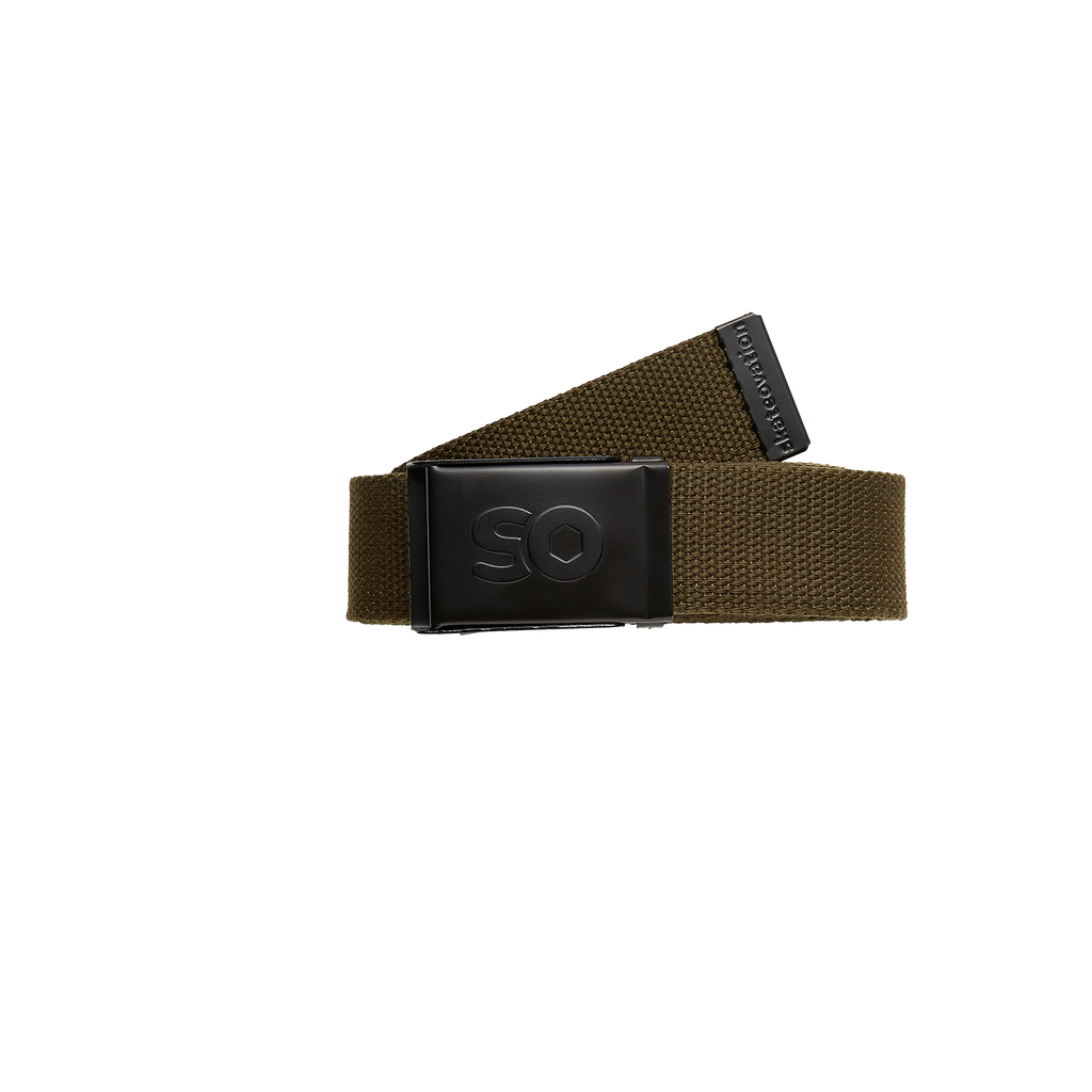 An olive green webbing belt with a black metal alloy buckle that features a bottle opener function, and the Skateovation logo on the buckle.