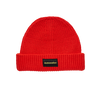 The Skatetovation harbour beanie core in the color fire red with skateovation texted in yellow on black at the front.