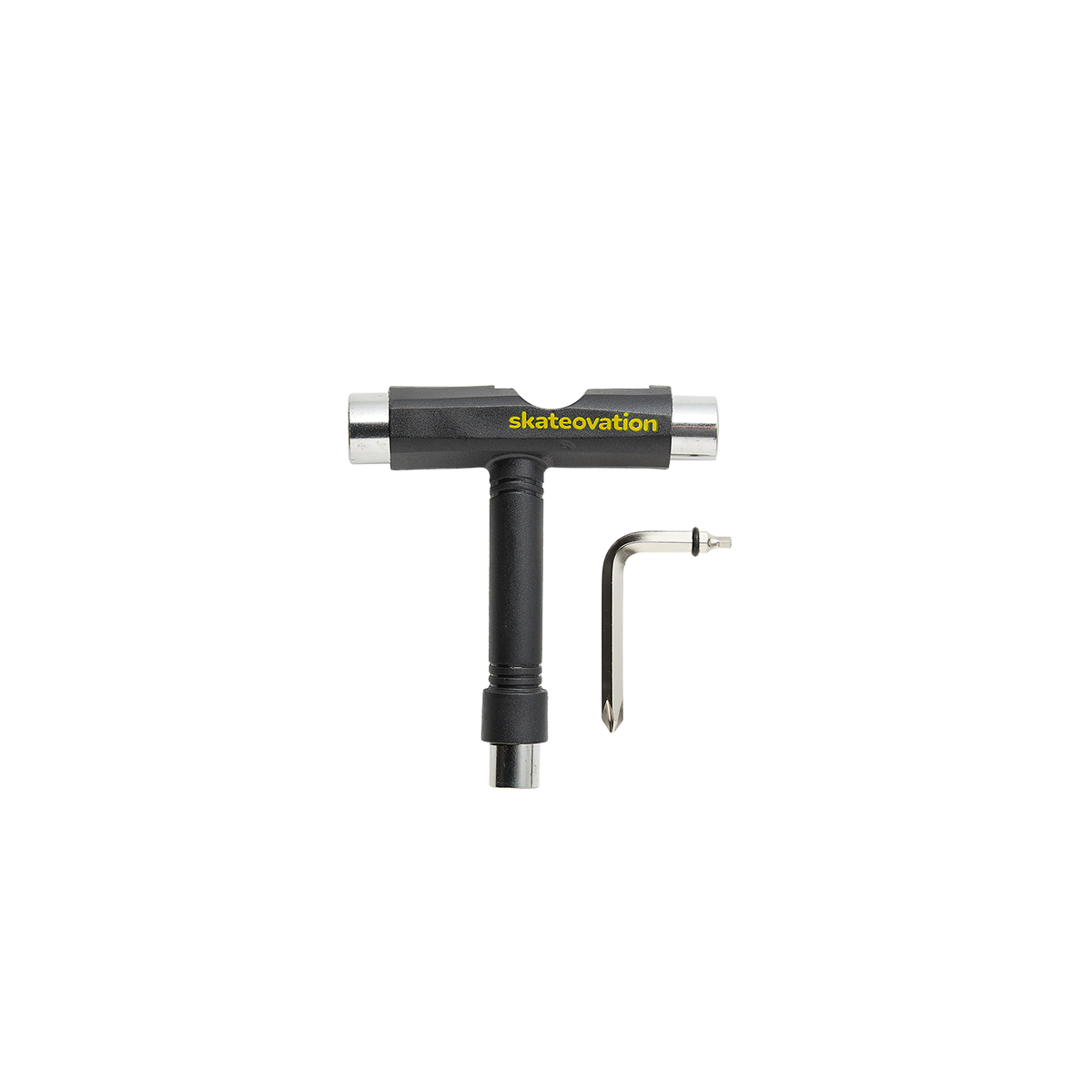A black Skateovation skateboard mounting tool Core with a Phillips key and an Allen key.