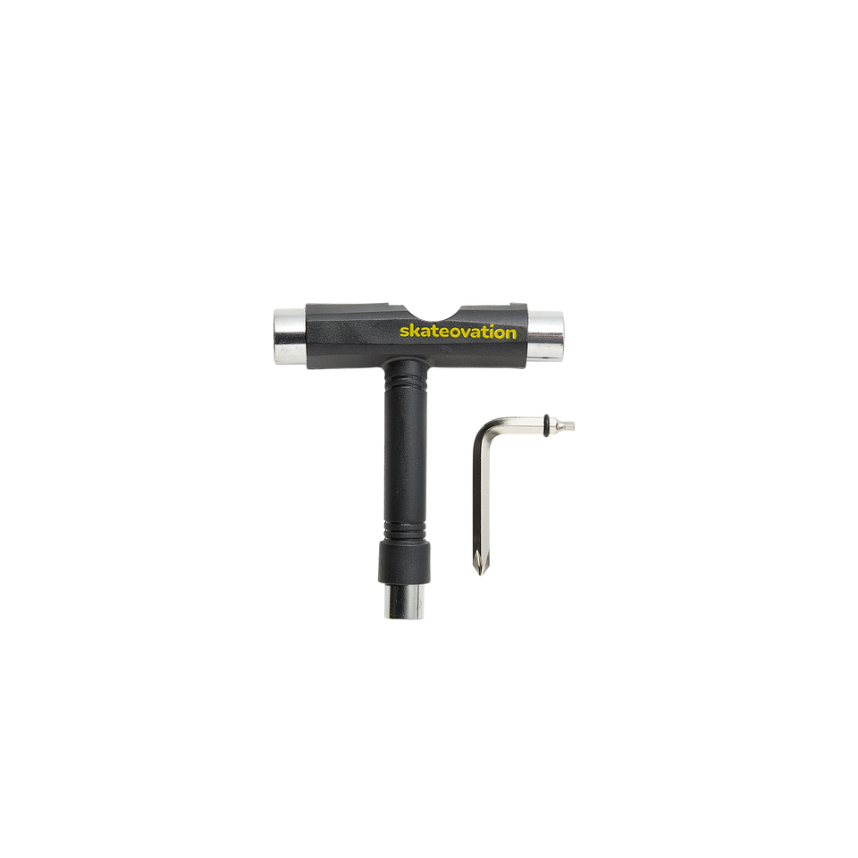A black Skateovation skateboard mounting tool Core with a Phillips key and an Allen key.