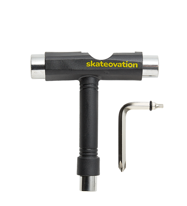 A black Skateovation skateboard mounting tool with a Phillips key and an Allen key