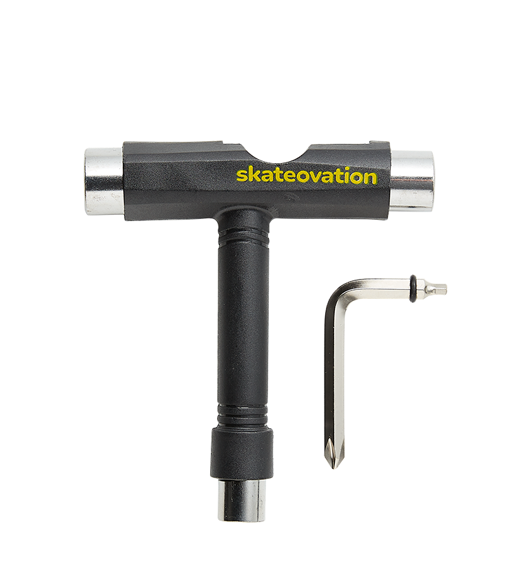 A black Skateovation skateboard mounting tool with a Phillips key and an Allen key