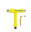 A yellow Skateovation skateboard mounting tool with a Phillips key and an Allen key.