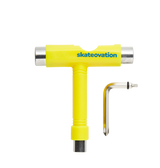 A yellow Skateovation skateboard mounting tool with a Phillips key and an Allen key.
