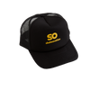 Black skateovation trucker cap SO with yellow 'SO skateovation' on the front.