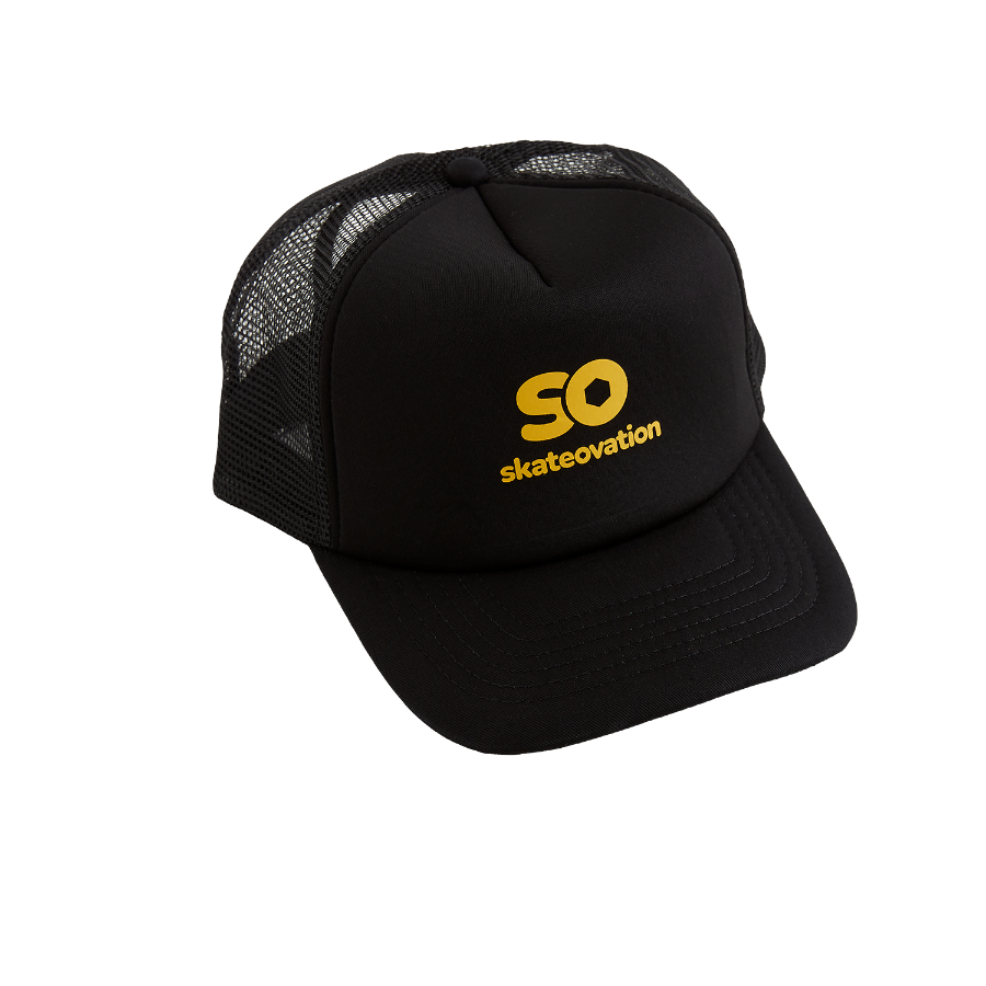 Black skateovation trucker cap SO with yellow 'SO skateovation' on the front.