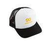 A black and white skateovation SO trucker cap with yellow logo on the front panel.
