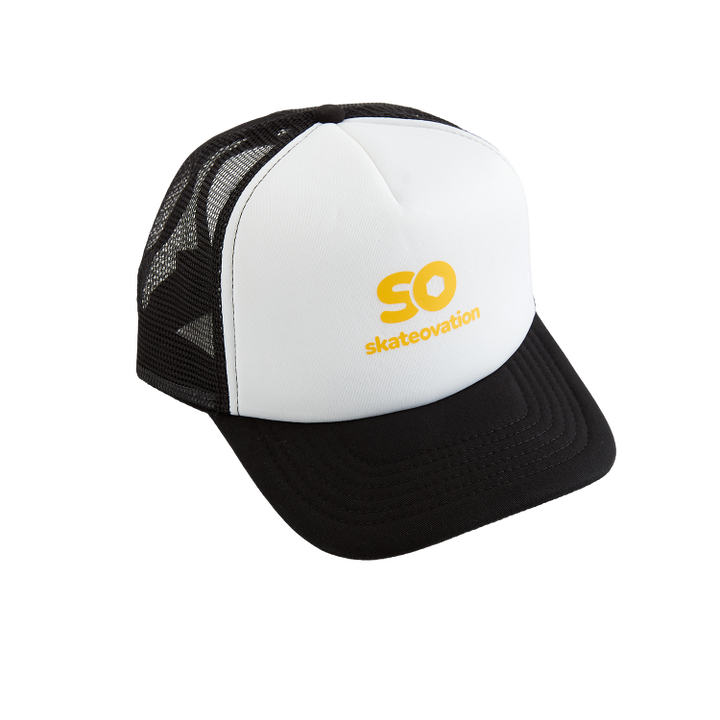 A black and white skateovation SO trucker cap with yellow logo on the front panel.