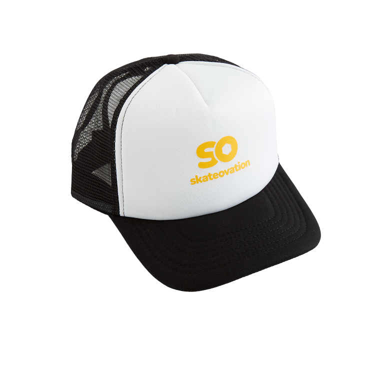 A black and white skateovation SO trucker cap with yellow logo on the front panel.
