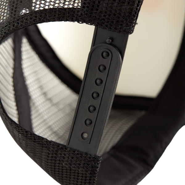 Skateovation trucker cap SO, close-up of black mesh, white interior, a black adjustable snapback strap.