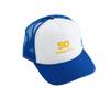 Blue and white Skateovation SO trucker cap with yellow SO text on the front panel.