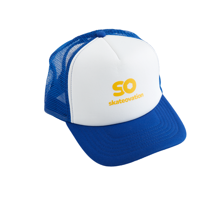 Blue and white Skateovation SO trucker cap with yellow SO text on the front panel.