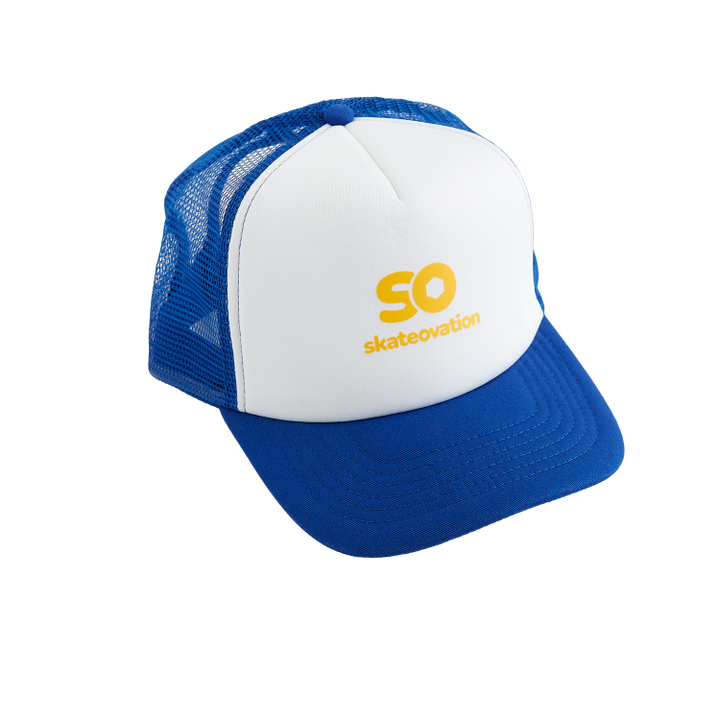 Blue and white Skateovation SO trucker cap with yellow SO text on the front panel.