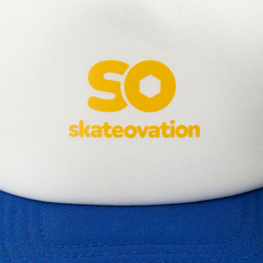 Blue white trucker cap, close-up on yellow 'SO skateovation' text on white front, and the blue peak.