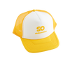 Yellow and white skateovation trucker cap with 'SO Skateovation' text on the front panel.