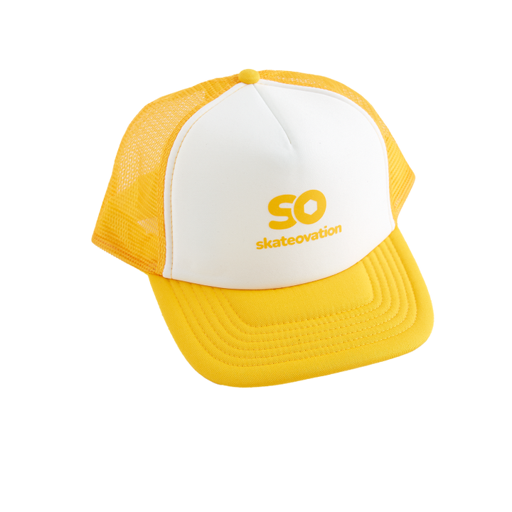 Yellow and white skateovation trucker cap with 'SO Skateovation' text on the front panel.