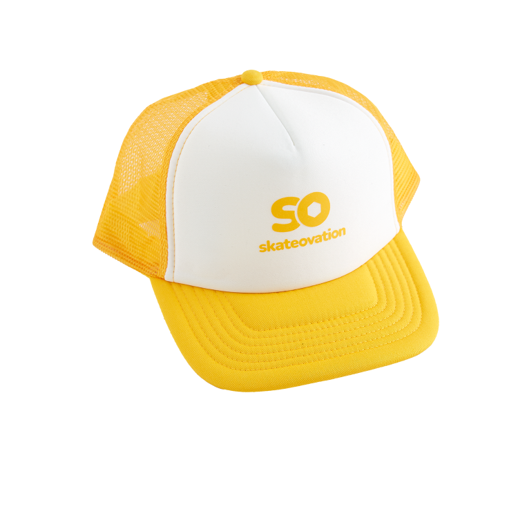 Yellow and white skateovation trucker cap with 'SO Skateovation' text on the front panel.