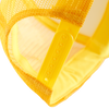 Close-up of back of skateovation yellow trucker cap SO, mesh and strap