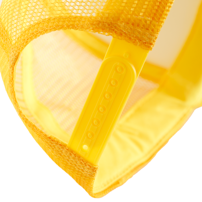 Close-up of back of skateovation yellow trucker cap SO, mesh and strap