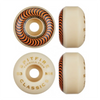 Four views of Spitfire Formula Four 53mm skateboard wheels in white/cream with orange and black striped inner rings, on a white background. 53 mm.