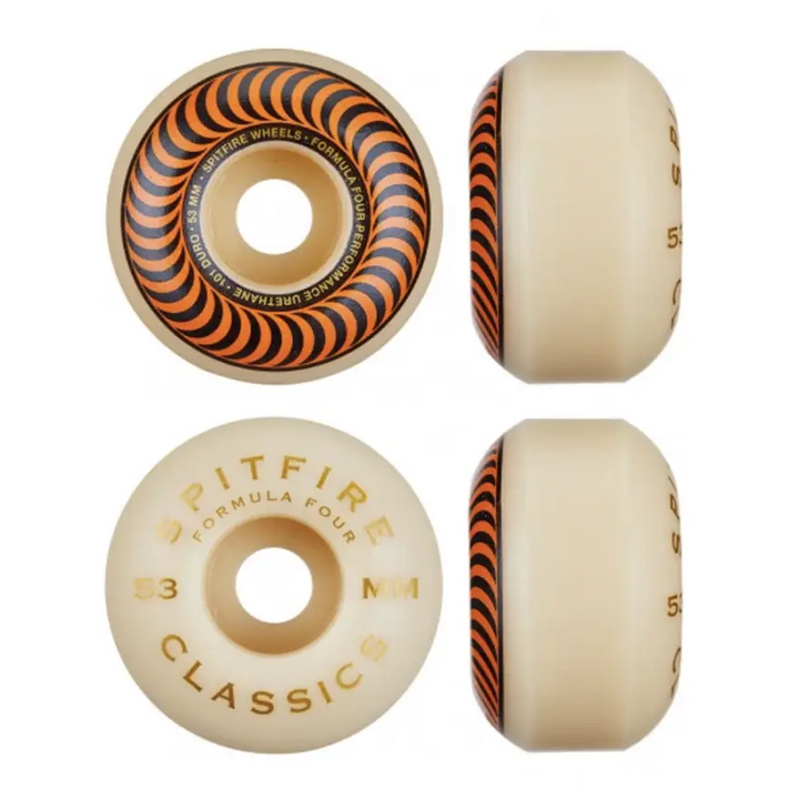 Four views of Spitfire Formula Four 53mm skateboard wheels in white/cream with orange and black striped inner rings, on a white background. 53 mm.